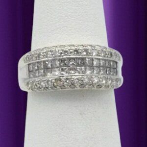 Diamond Ring 18K White Gold Princess Cut & Round Cut Band Style April Birthstone